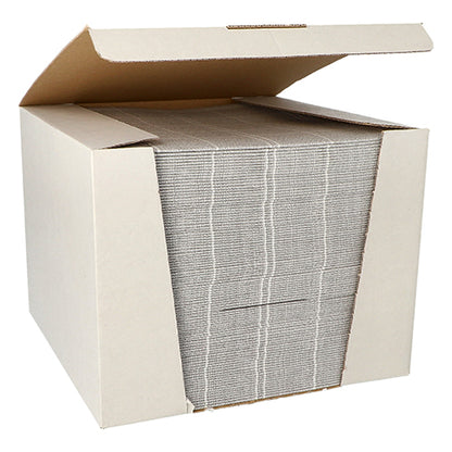 In an open box of the ROYAL Collection from PAPSTAR GmbH, there is a neatly stacked bundle of 100 gray napkins from the "ROYAL Collection" in 1/4-fold 40x40cm, partially visible through the front cutout.