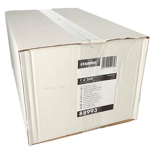 Eine schlichte, große Pappschachtel mit weißem Etikett zeigt die Marke „Starpak“, Barcode, Produktinformationen und Artikel 88993. Mit weißem Klebeband sicher verschlossen, fasst sie 260 Starpak Siegelschalen Pappe eckig 530 ml (13,7x18,1x3,7 cm) in weiß für Lebensmittelverpackung.
