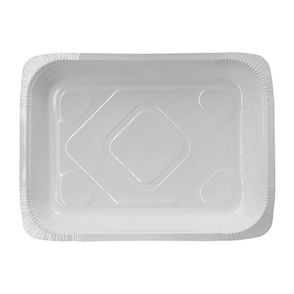 The Starpak 180 sealing trays are rectangular white disposable food trays made of cardboard with slightly raised edges and a textured rim, measuring 4.2 x 18.9 x 24.8 cm – ideal for catering use (1200 ml, 180 pieces).