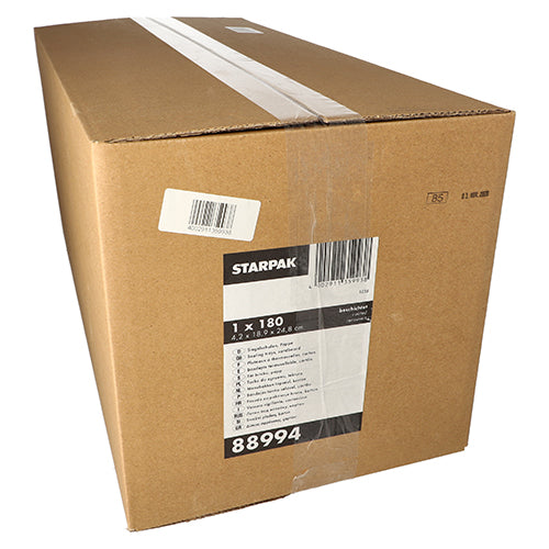 Ein großer weißer Starpak-Versandkarton, verschlossen mit transparentem Klebeband, ist mit einem Barcode und dem Produktetikett „Starpak 180 Siegelschalen, Pappe eckig 1200 ml“ versehen – ideal für den Gastronomiebereich. Inhalt: 180 Stück pro Karton.