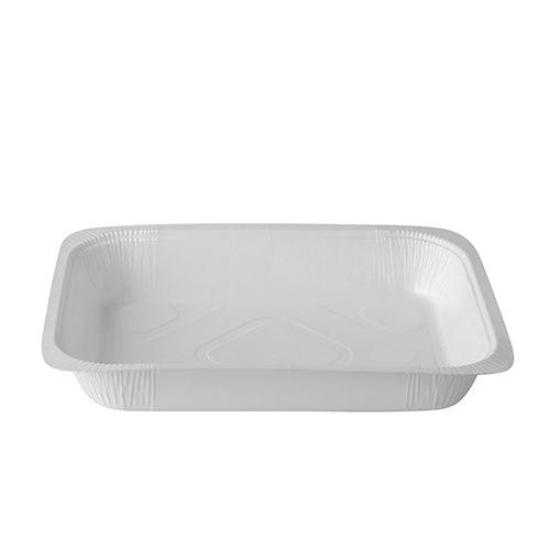 The Starpak 180 sealing trays are a white, rectangular cardboard tray (1200 ml, 4.2 x 18.9 x 24.8 cm) with slightly raised, rounded edges, ideal for catering use and are delivered in a box of 180 pieces.
