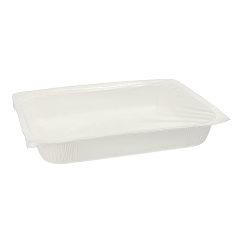 The Starpak 180 sealing trays are rectangular, white 1200 ml paper containers (4.2 x 18.9 x 24.8 cm) with a secure transparent lid, perfect for innovative packaging solutions; depicted empty against a white background.
