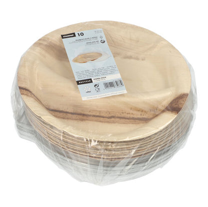 Ten round, divided Starpak palm leaf plates (300 ml, Ø 23 cm · 5.3 cm) with rPET lid in wood look. The environmentally friendly combo pack is shrink-wrapped in foil and provided with a product label.