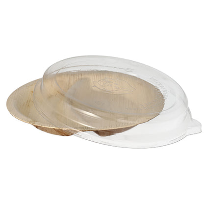 The Starpak combo pack contains 10 plates made of palm leaf, 2-part, 300 ml, Ø 23 cm · 5.3 cm with clear rPET lid - practical and sustainable for food presentation or packaging.