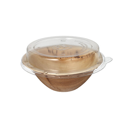 The Starpak 10 Bowls, Palm Leaf with rPET Lid 'Combo Pack' consists of small brown wooden bowls made from eco-friendly palm leaf with a recycled PET lid, depicted on a plain white background. Brand: Starpak.