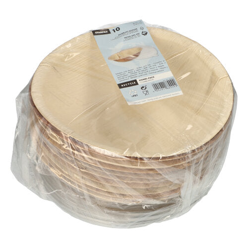 Eine durchsichtige Plastikpackung mit 10 Starpak Palmblatt-Schalen mit rPET-Deckel in heller Holzoptik und mit einem weißen Produktetikett auf der Oberseite.