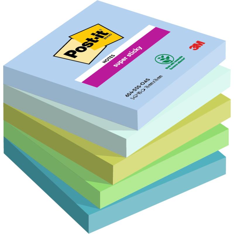 A stack of Post-it® Super Sticky Notes (76 mm x 76 mm, 90 sheets/block, 100% PEFC) from 3M Deutschland GmbH in various shades of blue and green with the Post-it and 3M logo on the top block.