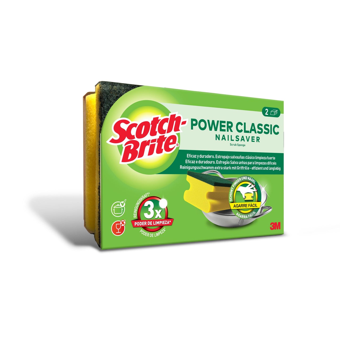 A pack of Scotch-Brite® Classic Grip Sponge (2 pieces), from 3M Deutschland GmbH, with yellow sponges and a green scouring pad. With cleaning performance and a grippy design, 3M logo on the packaging.