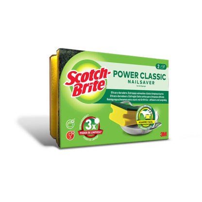 A pack of Scotch-Brite® Classic Grip Sponge (2 pieces), from 3M Deutschland GmbH, with yellow sponges and a green scouring pad. With cleaning performance and a grippy design, 3M logo on the packaging.