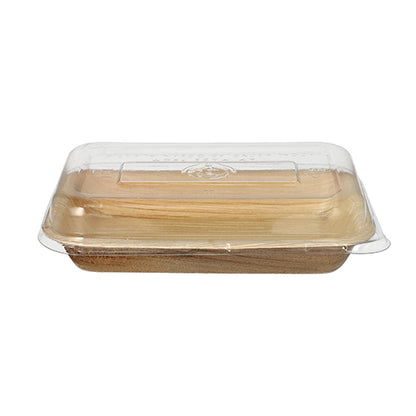 The Starpak 10 Bowls, Palm Leaf with rPET Lid 'Combo Pack' is a rectangular, eco-friendly disposable food container made from light brown palm leaf with a transparent lid made from recycled PET, depicted against a plain white background.