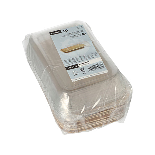 Ein Stapel Starpak 10 Schalen, Palmblatt mit rPET-Deckel „Kombipack“ ist in Plastikfolie eingewickelt. Der obere Behälter trägt ein Etikett mit Barcode, Text und umweltfreundlichen Recyclingsymbolen.
