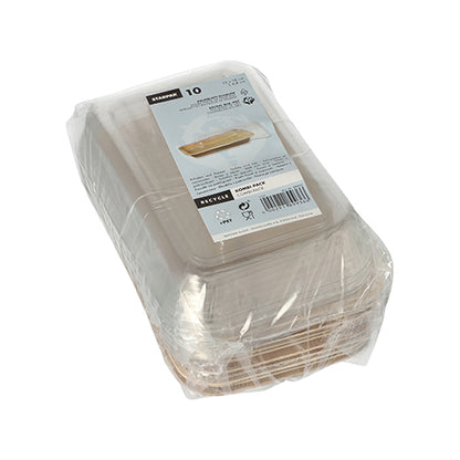 A stack of Starpak 10 Bowls, Palm Leaf with rPET Lid 'Combo Pack' is wrapped in plastic film. The top container carries a label with a barcode, text, and eco-friendly recycling symbols.