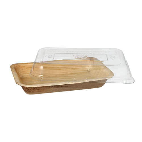 Das Starpak 10 Schalen Kombipack besteht aus rechteckigen, flachen Palmblattschalen in Hellbraun mit einem transparenten rPET-Deckel, der jede Schale teilweise bedeckt.
