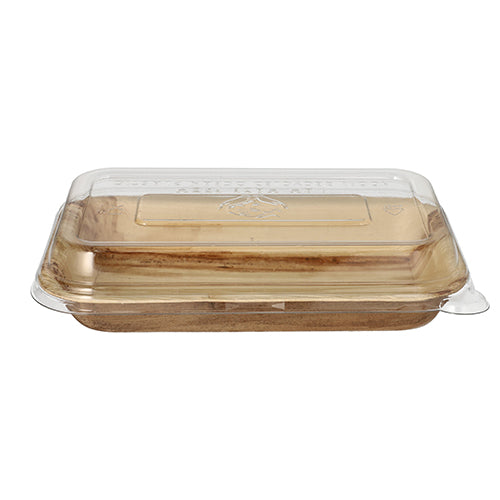 Das Starpak 10 Schalen, Palmblatt mit rPET-Deckel „Kombipack“ von Starpak ist geschlossen abgebildet, verfügt über einen durchsichtigen, aufklappbaren Deckel aus recyceltem PET und fasst ein einzelnes rechteckiges Stück Kuchen oder Dessert im Inneren.