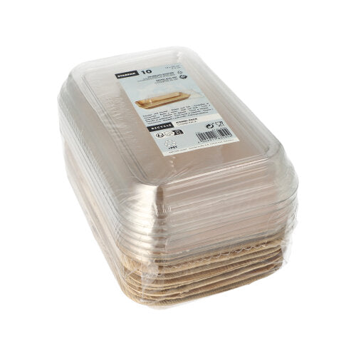 Ein Stapel Starpak 10 Schalen, Palmblatt mit rPET-Deckel „Kombipack“ Einwegschalen ist zusammen verpackt und in Plastikfolie auf einem schlichten weißen Hintergrund eingewickelt. Oben ist ein Produktetikett der Marke Starpak zu sehen.