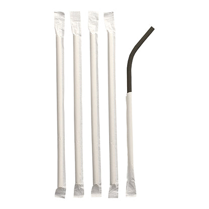 Five individually wrapped PAPSTAR 100 paper straws (Ø 6 mm, 20 cm, flexible) from PAPSTAR GmbH lie on a white background – four are straight, one is bent at the top end.