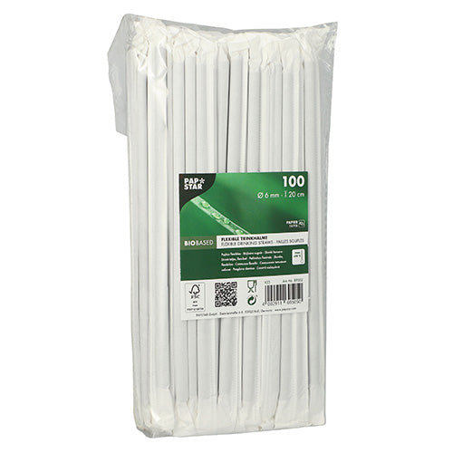 A pack of 100 flexible, individually wrapped white paper straws (Ø 6 mm, 20 cm) from PAPSTAR GmbH. The transparent packaging displays product information and certifications and emphasizes the bio-based material.