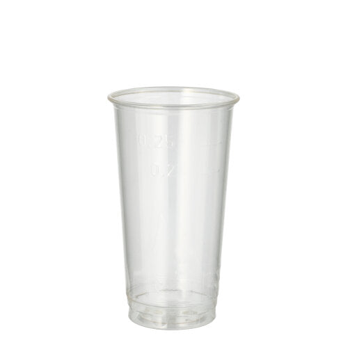 A PAPSTAR 60 beer cup, PLA "pure" 0.2 l from PAPSTAR GmbH stands upright on a white background, highlighting its crystal-clear appearance and environmentally friendly, biodegradable design.