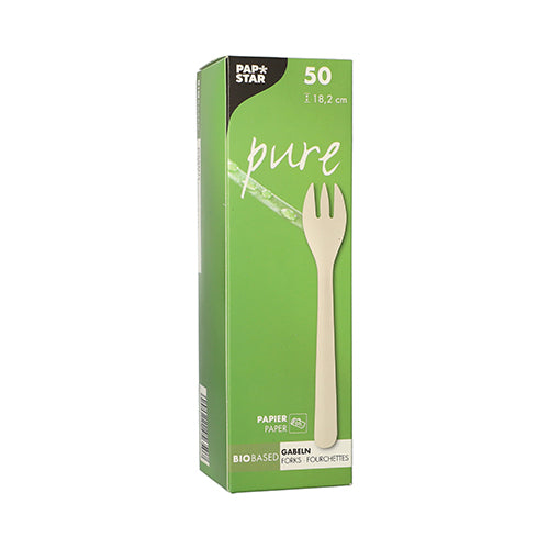 Eine weiße, rechteckige Schachtel mit PAPSTAR 50 Gabeln, Papier „pure“ 18,2 cm weiss von der PAPSTAR GmbH zeigt auf der Vorderseite ein einzelnes Gabelbild, oben „50“ und „18,2 cm“ und darunter Produktdetails.