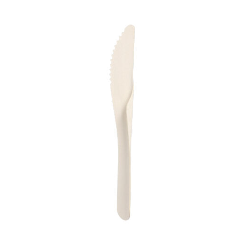 Ein einzelnes PAPSTAR Messer „pure“ (18,6 cm, weiss) aus nachhaltigem Papier steht aufrecht vor weißem Hintergrund. Das umweltfreundliche, leichte Messer mit Wellenschliff eignet sich ideal für stilvolle Tischdekorationen.