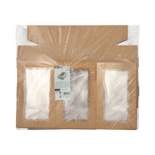 Eine flache Packung mit 25 Starpak Transport- und Catering-Kartons, eckig braun aus Pappe mit separatem Deckel und PET-Sichtfenster, in Plastik verpackt. Produktlabel vorne – praktische Verpackungslösung für Catering und Transport.