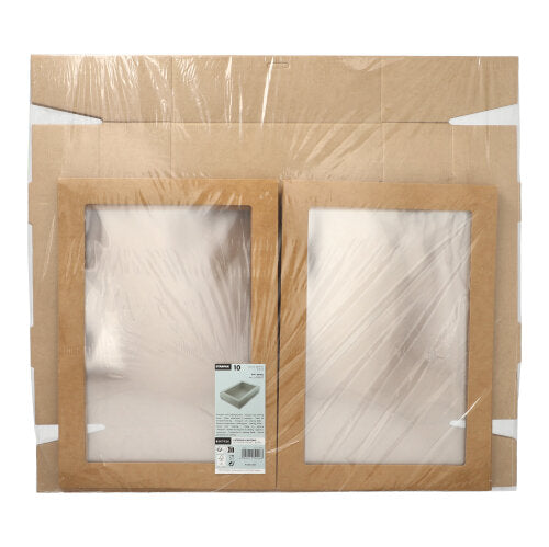 Zehn Starpak Transport- und Catering-Kartons aus stabiler, brauner Pappe mit separatem Deckel und PET-Sichtfenster, rechteckig, zusammen in klarer Folie verpackt und vor neutralem Hintergrund präsentiert. Produktlabel unten Links am Rahmen.