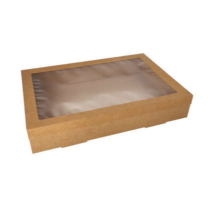 The Starpak 10 transport and catering box, rectangular made of brown cardboard with a separate lid and PET viewing window, is presented against a white background.