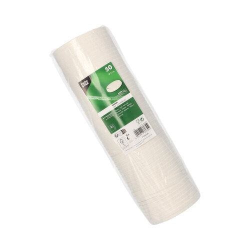 Eine 50er-Packung weißer Becherdeckel (Papier, Ø 9 cm) der PAPSTAR GmbH in Folie verpackt mit grün-weißem Etikett – ideal als hygienische Lösung für Partys, Picknicks oder Events.
