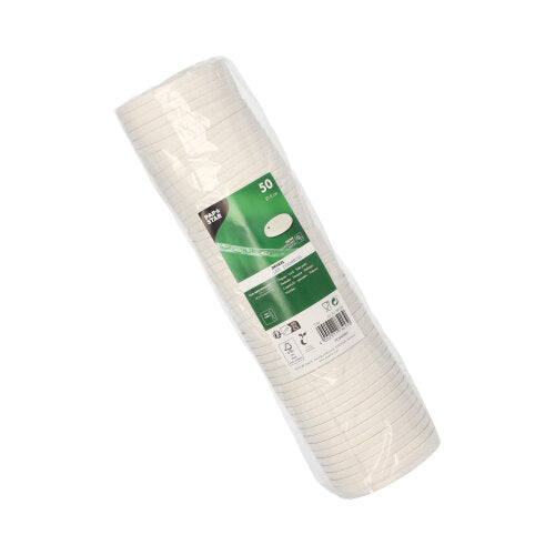 Ein folienverpackter Stapel aus 50 weißen, runden Becherdeckeln aus Pappe (Ø 8 cm) der PAPSTAR GmbH mit grün-weißem Etikett – ideal für umweltfreundliche Zusammenkünfte in Kombination mit den passenden Bechern (PAPSTAR 50 Deckel für Trinkbecher, Pappe).