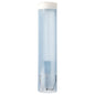 A transparent Starpak cup dispenser, PS Ø 8.5 cm x 42 cm, with a white lid and two metal clips at the bottom, stands vertically against a white background. Brand: Starpak.