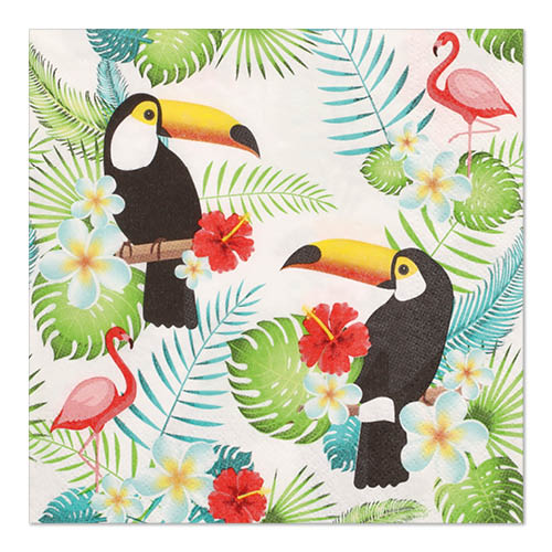 Die PAPSTAR GmbH 20 Servietten, 33 x 33 cm, 3-lagig (1/4-Falz, Design Set 1), zeigen Tukane, Flamingos, tropische Blätter und bunte Blumen wie Hibiskus und Plumeria auf weißem Hintergrund.