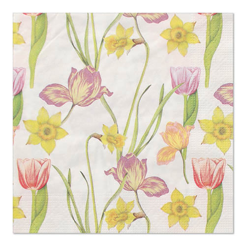 Die PAPSTAR GmbH 20 Servietten, 33x33 cm, 3-lagig, 1/4-Falz (Design Set 1) zeigt ein sich wiederholendes florales Muster aus gelben Narzissen und rosa Tulpen mit grünen Stängeln und Blättern.