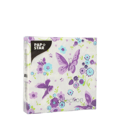 PAPSTAR Servietten im 20er-Pack, 25x25 cm, 3-lagig, ideal für Tischdekoration, mit lila Schmetterlingen und blau/lila Blumen auf weißem Grund. Die quadratische Packung zeigt teilweise die "Kollektion". Marke: PAPSTAR GmbH.