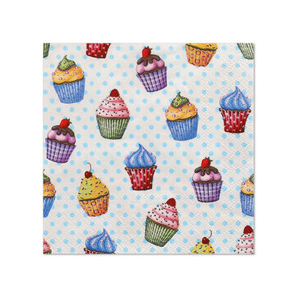 The PAPSTAR 20 napkins, 25 cm x 25 cm, 3-ply from PAPSTAR GmbH feature a light blue dotted background with colorful cupcakes and cherries – perfect for parties with their charming and sturdy design.