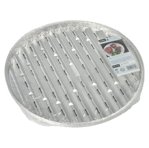 Die Starpak 5 Grillschalen, Alu – runde Einweg-Grillschalen mit Schlitzöffnungen – sind mit einem Etikett versehen, das die Schale im Einsatz mit Fleisch und Gemüse zeigt und somit perfekt für Ihre nächste Grillparty geeignet.