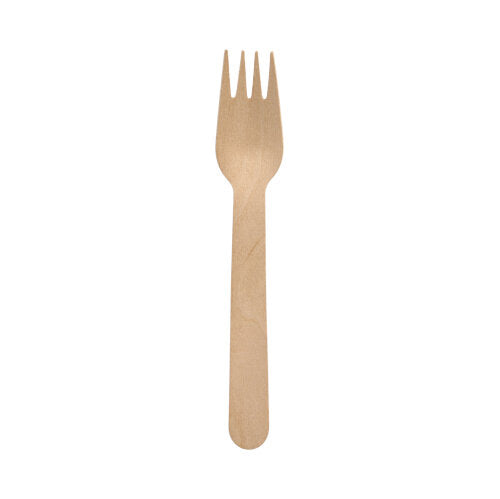 A PAPSTAR GmbH fork made of wood "pure", 16 cm, waxed, in a set of 100 pieces, environmentally friendly and perfect for sustainable single use - shown individually against a white background.