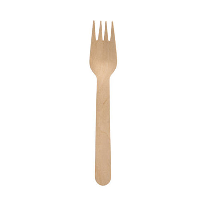 A PAPSTAR GmbH fork made of wood "pure", 16 cm, waxed, in a set of 100 pieces, environmentally friendly and perfect for sustainable single use - shown individually against a white background.