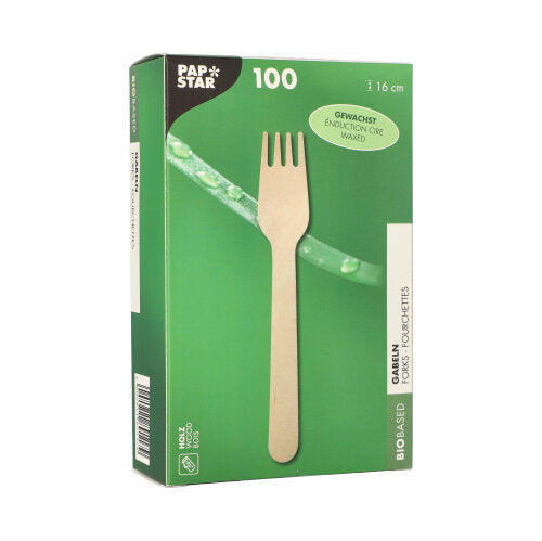 Abgebildet ist eine Schachtel mit 100 PAPSTAR „pure“ Holzgabeln (16 cm, gewachst) der PAPSTAR GmbH. Die umweltfreundliche Verpackung ist mit umweltfreundlichen Besteck-Symbolen und Produktinformationen versehen.