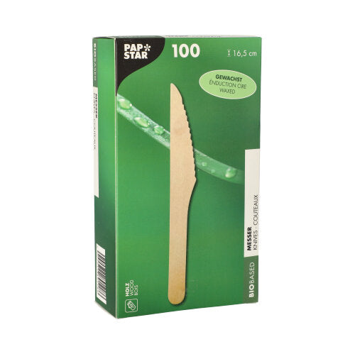 Pictured is a green box of PAPSTAR wooden knives "pure" (16.5 cm, waxed, 100 pieces) from PAPSTAR GmbH; it contains eco-friendly disposable knives - ideal as sustainable cutlery for environmentally conscious use.