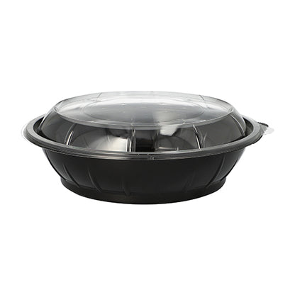 A round black Starpak 25 salad bowl food container (PET, 1000 ml, Ø 21.8 cm, 6 cm) with a clear domed 'Snap It' R-PET lid (25 pieces) is pictured against a plain white background.