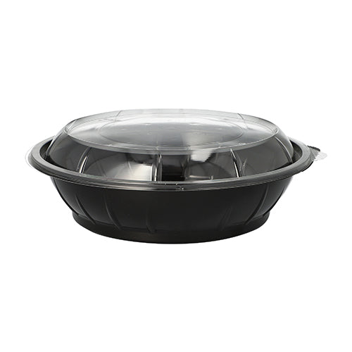 Ein runder schwarzer Starpak 25 Salatschalen-Lebensmittelbehälter (PET, 1000 ml, Ø 21,8 cm, 6 cm) mit einem durchsichtigen gewölbten „Snap It“ R-PET-Deckel (25 Stück) ist vor einem schlichten weißen Hintergrund abgebildet.