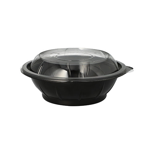 Das Starpak 25 Salatschalen-Set umfasst schwarze 600-ml-Lebensmittelbehälter aus PET (Ø 16,6 cm, Höhe 5,9 cm) mit durchsichtigen gewölbten „Snap It“-Deckeln aus R-PET, abgebildet auf weißem Hintergrund (25 Stück pro Packung).