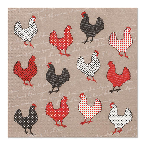 The PAPSTAR 20 napkins from PAPSTAR GmbH (33 x 33 cm, 3-ply, Design Set 5) feature a geometric and dotted chicken pattern in black, white, and red on a light brown background with faint lettering.