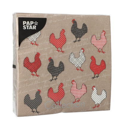 PAPSTAR GmbH 20 napkins, 33x33cm, 3-ply, Design Set 5: Napkins with red, black, and white chickens in geometric patterns on a brown background.