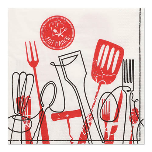 PAPSTAR GmbH 20 Servietten, 33x33 cm, 3-lagig, mit schwarzem und rotem Küchenutensil-Design und "Fait Maison" Logo mit Kochmütze oben links (Set 3).