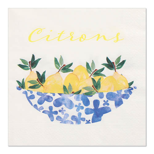 Eine dekorative Serviette mit gelben Zitronen mit grünen Blättern in einer blau-weißen Schale, darüber "Citrons" in gelber Schreibschrift auf weißem Hintergrund. PAPSTAR 20 Servietten, 33x33cm, 3-lagig, Set 5 von PAPSTAR GmbH-perfekt für Ihren gedeckten Tisch.