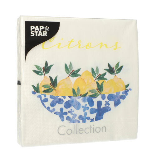 Eine Packung PAPSTAR GmbH 20 Servietten (33 x 33 cm, 3-lagig, 1/4-Falz, Design-Set 5), die Zitronen mit grünen Blättern in einer blau-weiß gemusterten Schale zeigen. Auf der Verpackung steht "Zitronen" und "Kollektion".