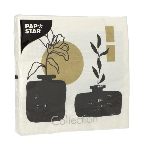 Die PAPSTAR GmbH bietet eine Packung mit 20 farbenfrohen 3-lagigen Servietten (33x33 cm, 1/4-Falz) an, die mit ihrem minimalistischen Design - zwei schwarze Vasen, abstrakte Pflanzen und gold-schwarze geometrische Akzente - jeden Tisch elegant aufwerten.