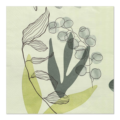Die PAPSTAR 20 Servietten (33 cm x 33 cm, 3-lagig, 1/4-Falz, Design Set 3) der PAPSTAR GmbH zeigen einen botanischen Druck mit konturierten Blättern und Beeren in Schwarz auf hellgrünen und dunkelgrauen abstrakten Formen auf cremefarbenem Hintergrund.