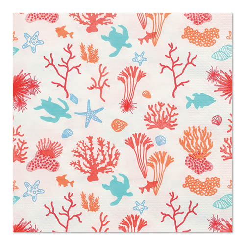 Bunte Unterwasserszene mit Korallen, Seesternen, Schildkröten, Muscheln und Fischen in einem sich wiederholenden Muster auf PAPSTAR 20 Servietten, 33x33 cm, 3-lagig, 1/4-Falz aus dem PAPSTAR GmbH Design Set 1.